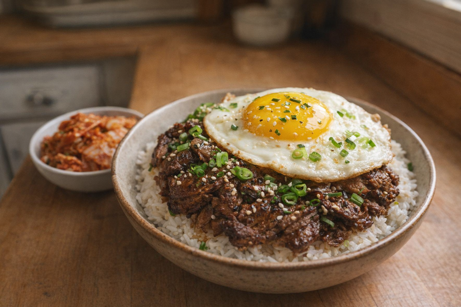A beautifully plated bulgogi rice bowl with a fried egg on top, garnished with green onions and sesame seeds. A side of kimchi is visible. Soft, diffused lighting